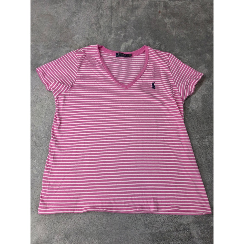 Polo Ralph Lauren Womens Pink White Striped V-Neck T-Shirt Pony Logo LG